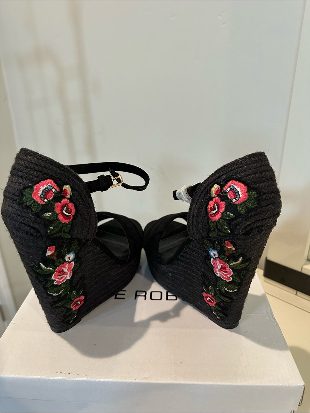 Cape Robbin Black Floral Embroidered Wedge Heels